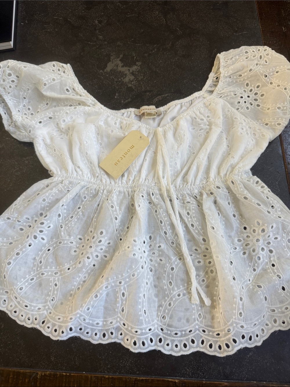 Monteau White Eyelet Peasant Top with Drawstring NWT Medium